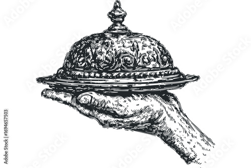 Hand holding ornate serving cloche with decorative etched patterns. Vector hand drawn illustration