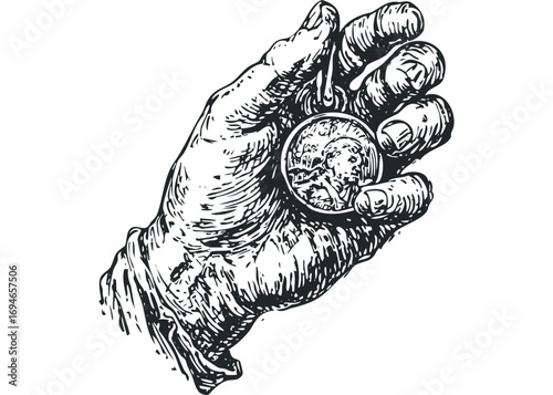 Hand holding ancient coin with profile portrait, ink sketch. Vector hand drawn illustration