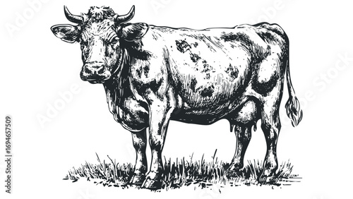 Pristine Black and White Sketch of a Cow Standing in Grass on Transparent Background. Vector hand drawn illustration