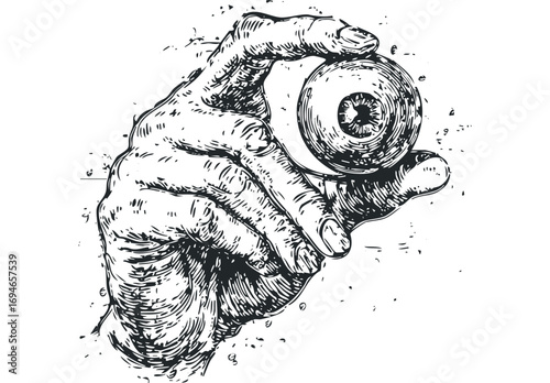 Hand Holding Eyeball Image Transparent Background Sketch. Vector hand drawn illustration