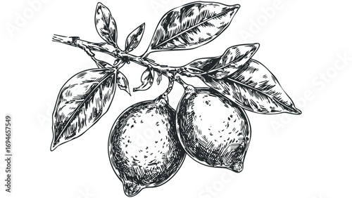 Pen and ink drawing of lemons on a branch with leaves. Vector hand drawn illustration