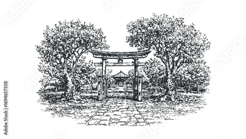 Ornate gate arch with trees and stone path leading to temple building. Vector hand drawn illustration