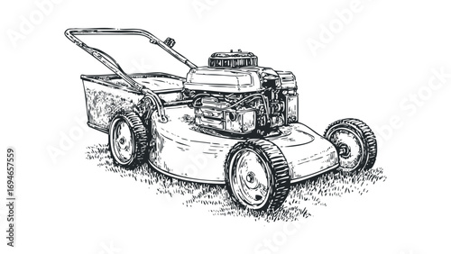 Sketch of a motor driven push lawnmower on grass. Vector hand drawn illustration