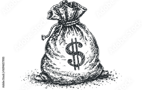 Pouch with Dollar Symbol Isolated on White. Vector hand drawn illustration