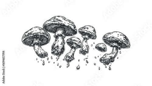 Group of diverse mushrooms with dripping liquid, hand-drawn sketch on transparent background. Vector hand drawn illustration