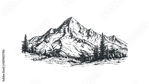 Hand drawn sketch of a majestic mountain range with pine trees. Vector hand drawn illustration