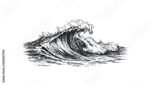 Powerful ocean wave crashing with white foam, isolated image. Vector hand drawn illustration