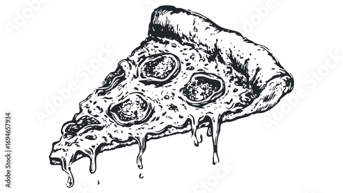 Drawn Slice of Pepperoni Pizza with Melting Cheese. Vector hand drawn illustration