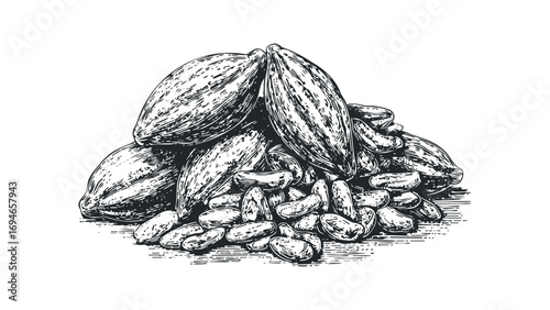 Heap of Cocoa Pods and Beans Image. Vector hand drawn illustration