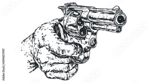 Hand holding revolver firing, ink sketch,. Vector hand drawn illustration