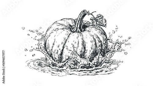 Pumpkin splash in liquid with leaf and vine details. Vector hand drawn illustration