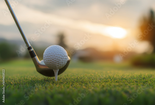 close-up of a golf ball and club on a tee box, with a blurred green grass background at sunset, suitable for a banner design