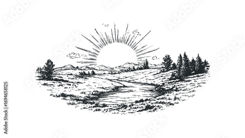 Sunrise over rolling hills with a river and pine trees,. Vector hand drawn illustration