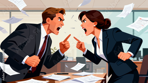 Business figures are engaged in intense debates, discussing topics, hand-drawn vector illustrations