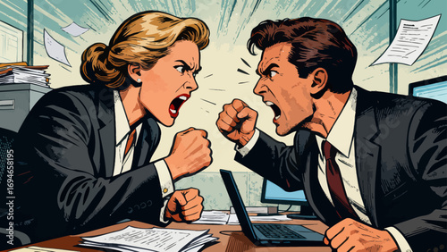 Business figures are engaged in intense debates, discussing topics, hand-drawn vector illustrations