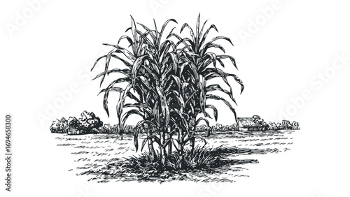 Sketch of a sugarcane field with harvestable stalks and farm buildings. Vector hand drawn illustration
