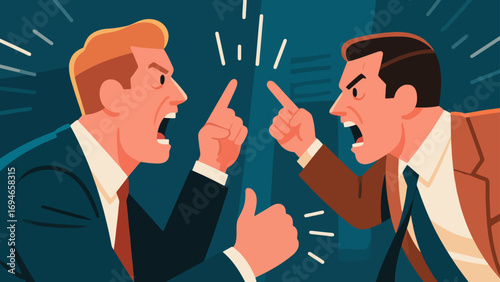 Business figures are engaged in intense debates, discussing topics, hand-drawn vector illustrations