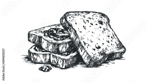 Sketch of toasted bread slices with jam on a transparent background. Vector hand drawn illustration