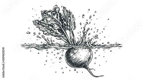 Hand drawn sketch of a beet plunging into water with splashes. Vector hand drawn illustration