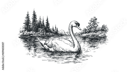 Pencil sketch of a swan swimming in a calm lake with trees. Vector hand drawn illustration