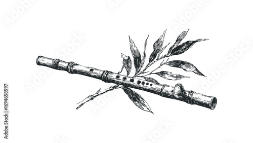 Detailed sketch of a bamboo flute with leaves on a transparent background. Vector hand drawn illustration
