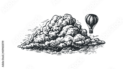 Sketch of a hot air balloon floating near a large, fluffy cloud with a woodcut aesthetic. Vector hand drawn illustration