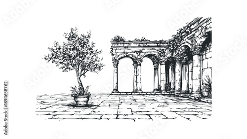 Potted tree and ancient stone arches with columns on cobbled path. Vector hand drawn illustration