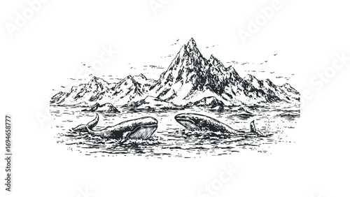 Two whales swim in ocean water near majestic mountains sketch. Vector hand drawn illustration