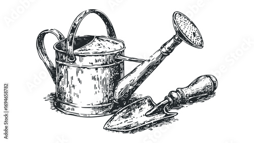 Hand Drawn Garden Watering Can and Trowel. Vector hand drawn illustration