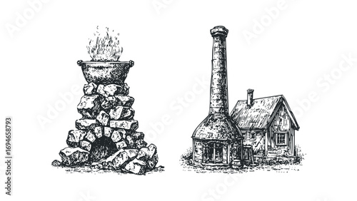 Sketch of primitive furnace with cauldron and adjacent building. Vector hand drawn illustration