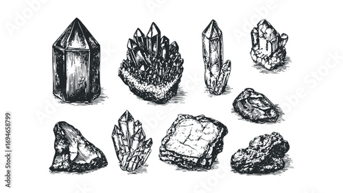 Collection of assorted raw crystalline mineral rock formations hand-drawn etchings. Vector hand drawn illustration