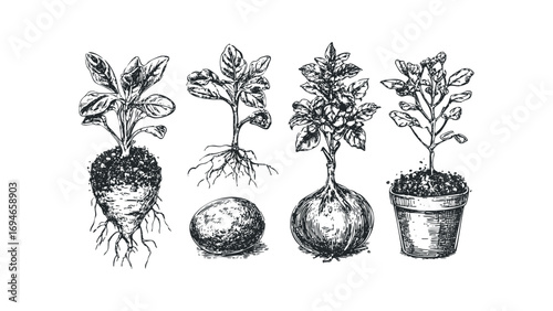 Line art collection of plants showing root systems and growth stages. Vector hand drawn illustration