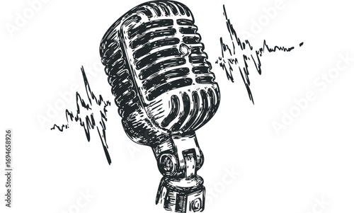 Hand drawn vintage microphone with sound wave on transparent background. Vector hand drawn illustration