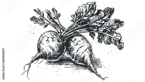 Hand drawn sketch of two beets with leafy greens, isolated on white. Vector hand drawn illustration