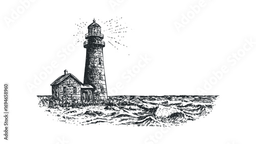 Line drawing of a stone lighthouse and adjacent building on a rocky shore with stormy sea. Vector hand drawn illustration