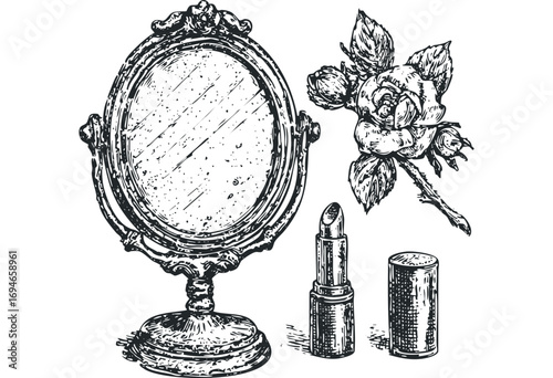 Ornate mirror with rose and lipstick image on transparent background. Vector hand drawn illustration