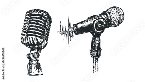 Vintage microphone with sound wave, on transparent background. Vector hand drawn illustration