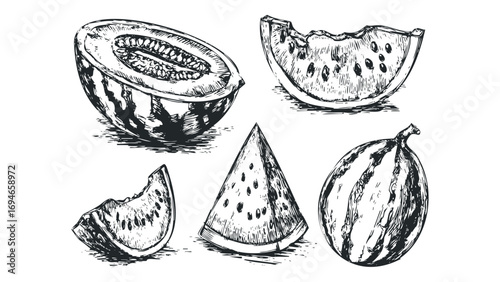 Hand drawn watermelon slices and whole fruit on transparent background. Vector hand drawn illustration