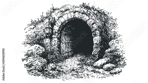 Rustic stone cave entrance with wooden gate and lantern. Vector hand drawn illustration