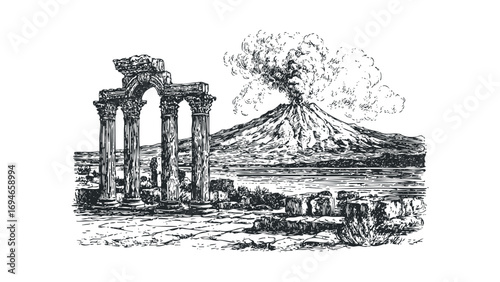 Vintage sketch of ancient temple ruins with a smoking volcano eruption in the background. Vector hand drawn illustration