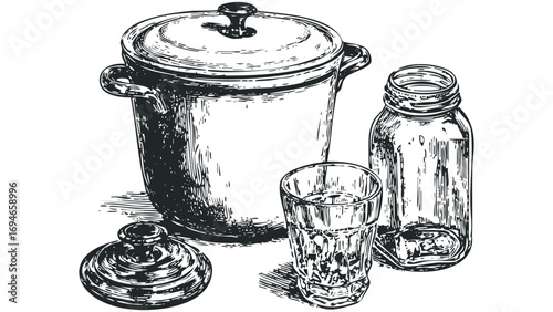 Still life with cooking pot glass and bottle hand-drawn. Vector hand drawn illustration