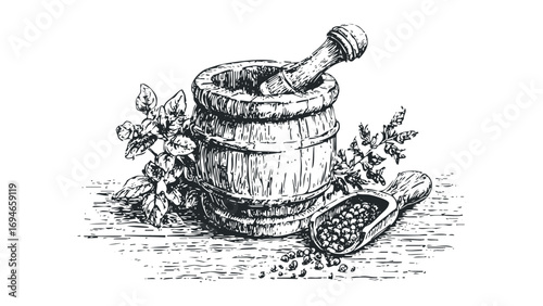 Wooden mortar and pestle with herbs and peppercorns. Vector hand drawn illustration