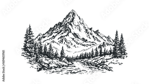 Hand Drawn Mountain Peak with Pine Trees and River on Transparent Background. Vector hand drawn illustration
