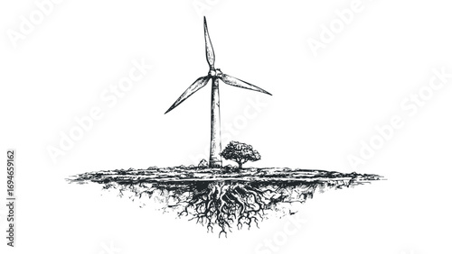 Sketch of wind turbine with tree and exposed roots on floating island. Vector hand drawn illustration