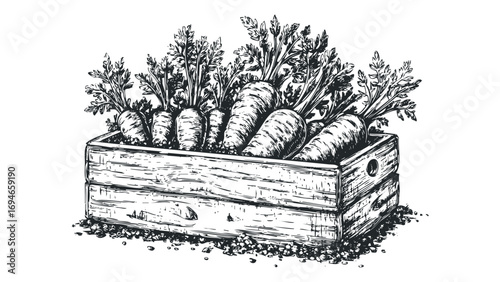 Sketch of Fresh Carrots in Wooden Crate on Transparent Background. Vector hand drawn illustration
