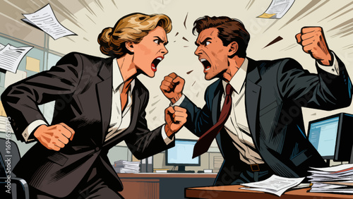 Business figures are engaged in intense debates, discussing topics, hand-drawn vector illustrations