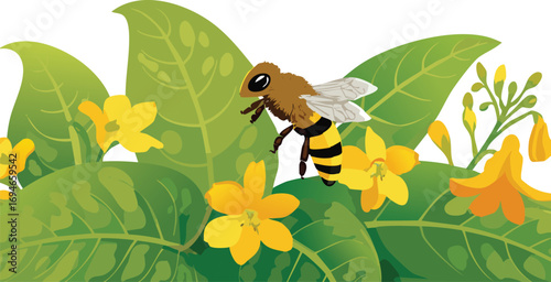 A vibrant moment of pollination between bee and flower promotes ecological awareness
