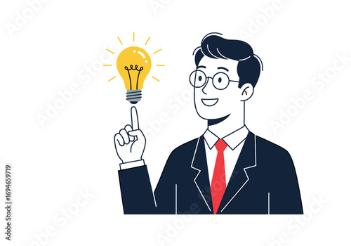 A confident businessman in a suit and tie with glasses pointing at a glowing light bulb above his head signifying an innovative idea or breakthrough moment