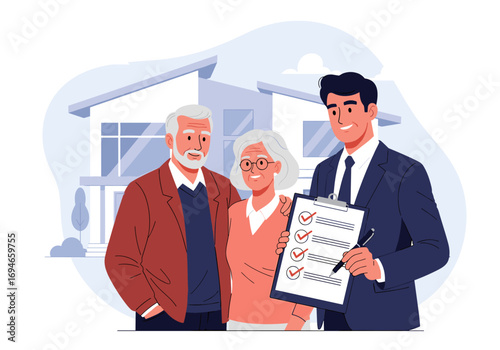 Real estate agent discusses property purchase agreement with elderly couple standing in front of a house illustration