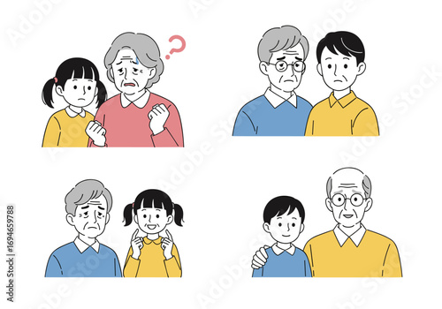 Illustrations of grandparents and grandchildren interacting showing different emotions and relationships over time